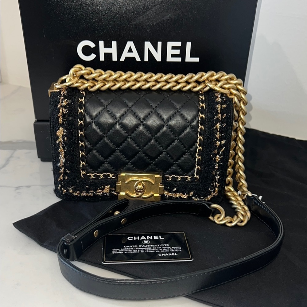 CHANEL Black and Gold tweed lambskin quilted braided jacket BOY flap bag